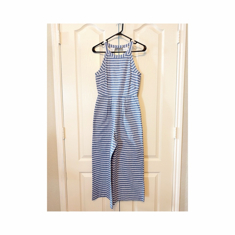 1901 Striped Blue and White Jumpsuit 3/4 Length Wide Leg Side Pockets Size 0